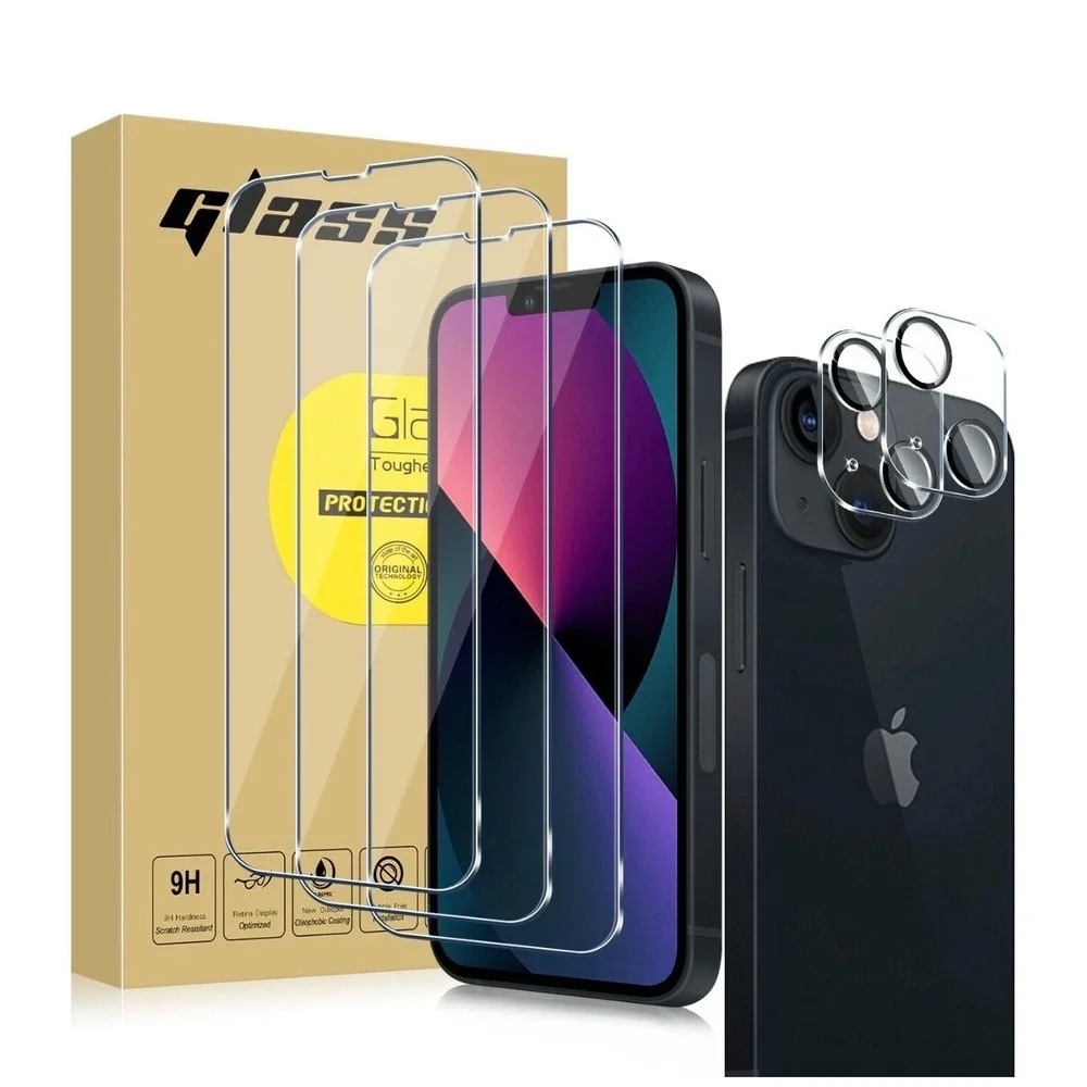 iPhone 13 Pro Max Screen Protector 3 Pack with 2 Camera Lens Protectors 9H Glass
